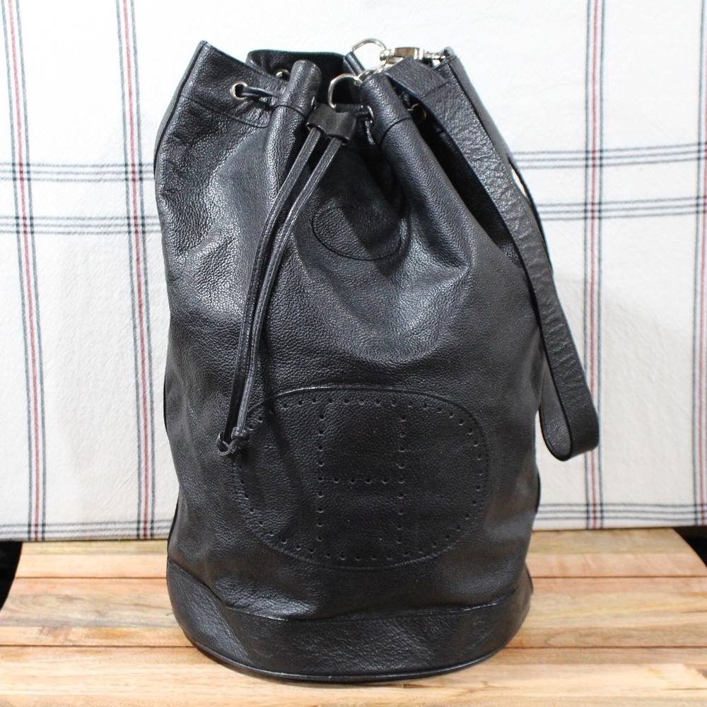 Hermes Black Leather Bucket Drawstring Large Bag